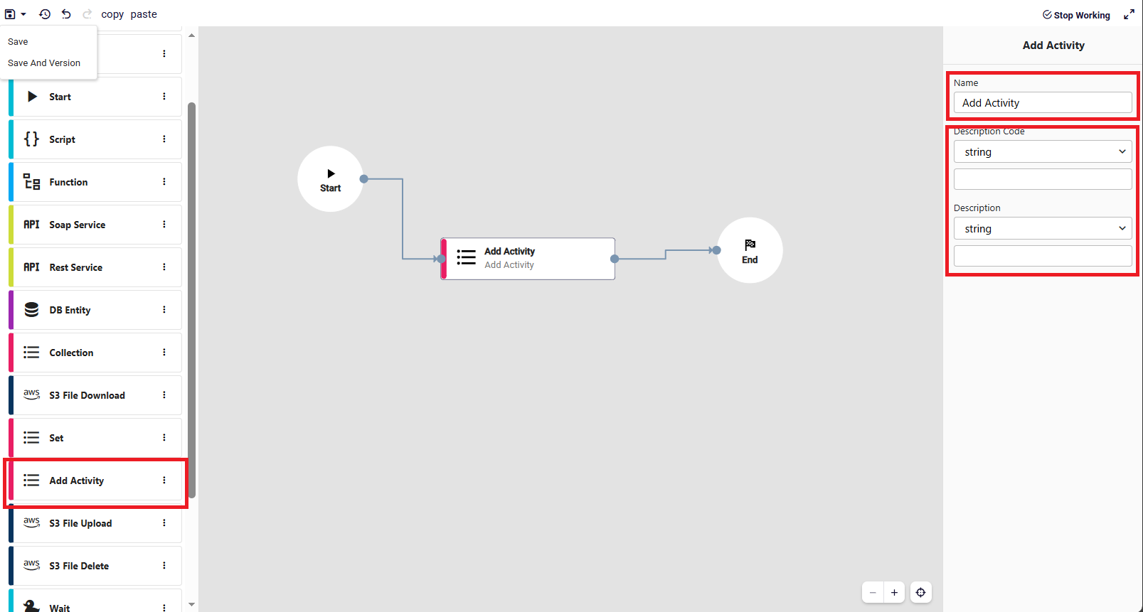 Add Activity box configuration