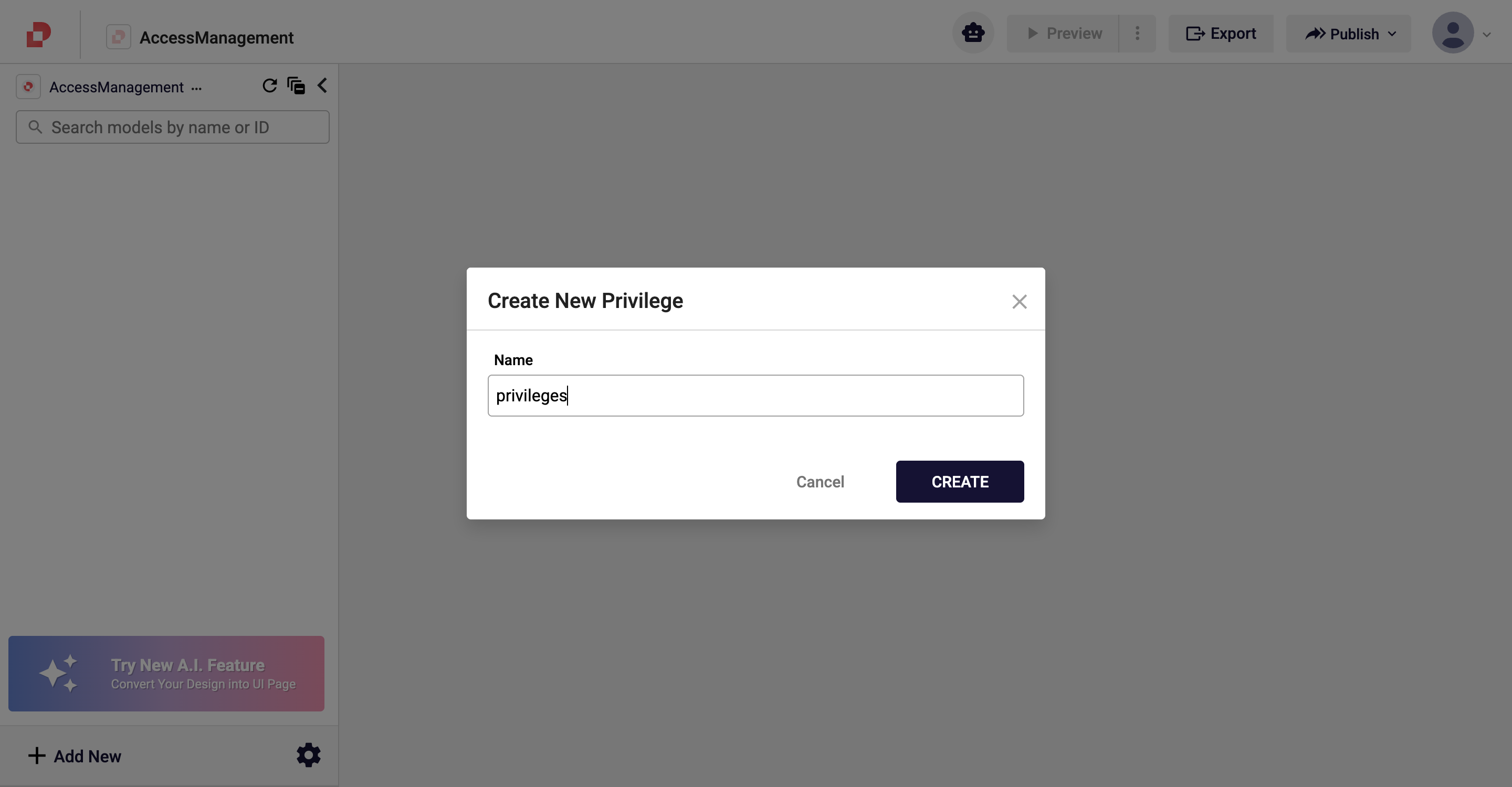 Create New Privilege dialog