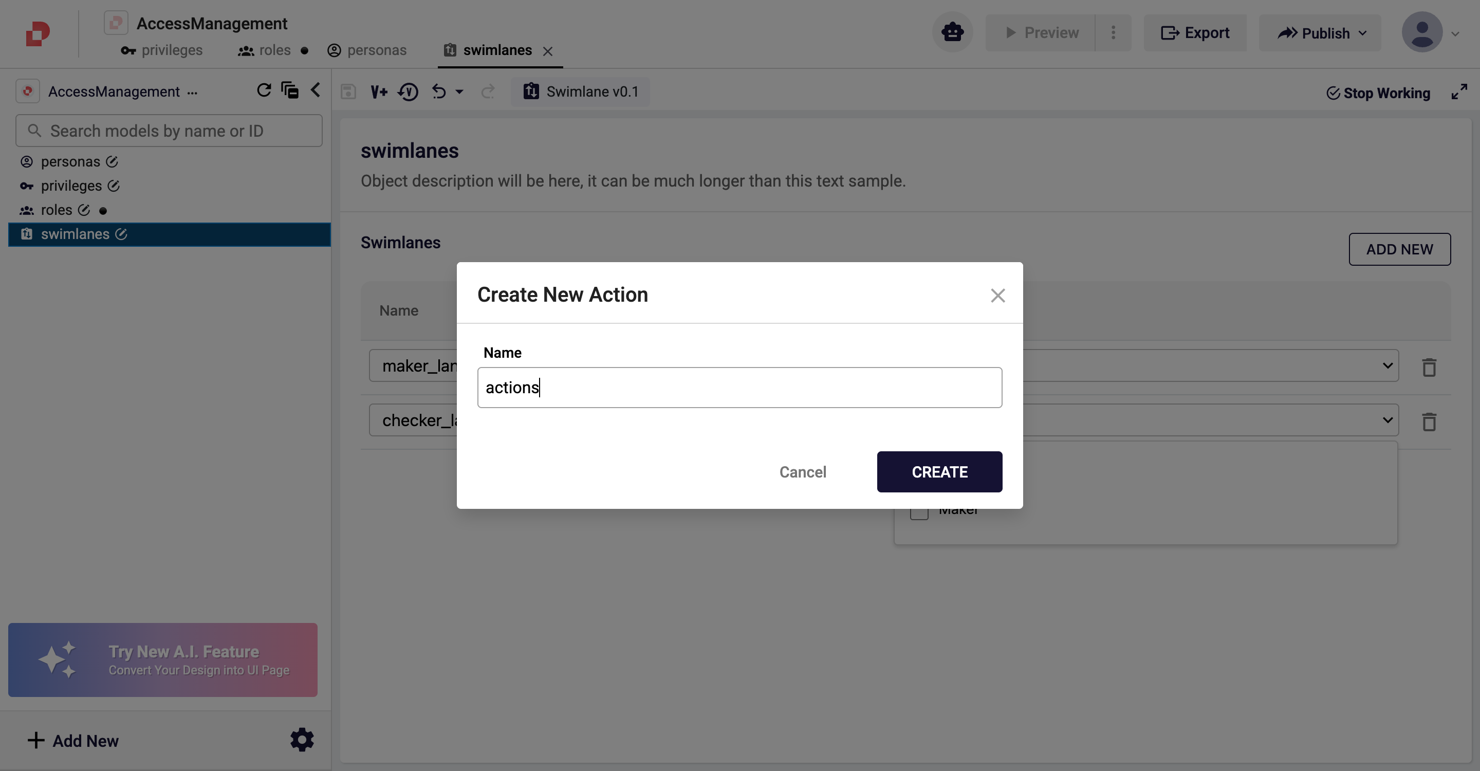 Create New Action dialog