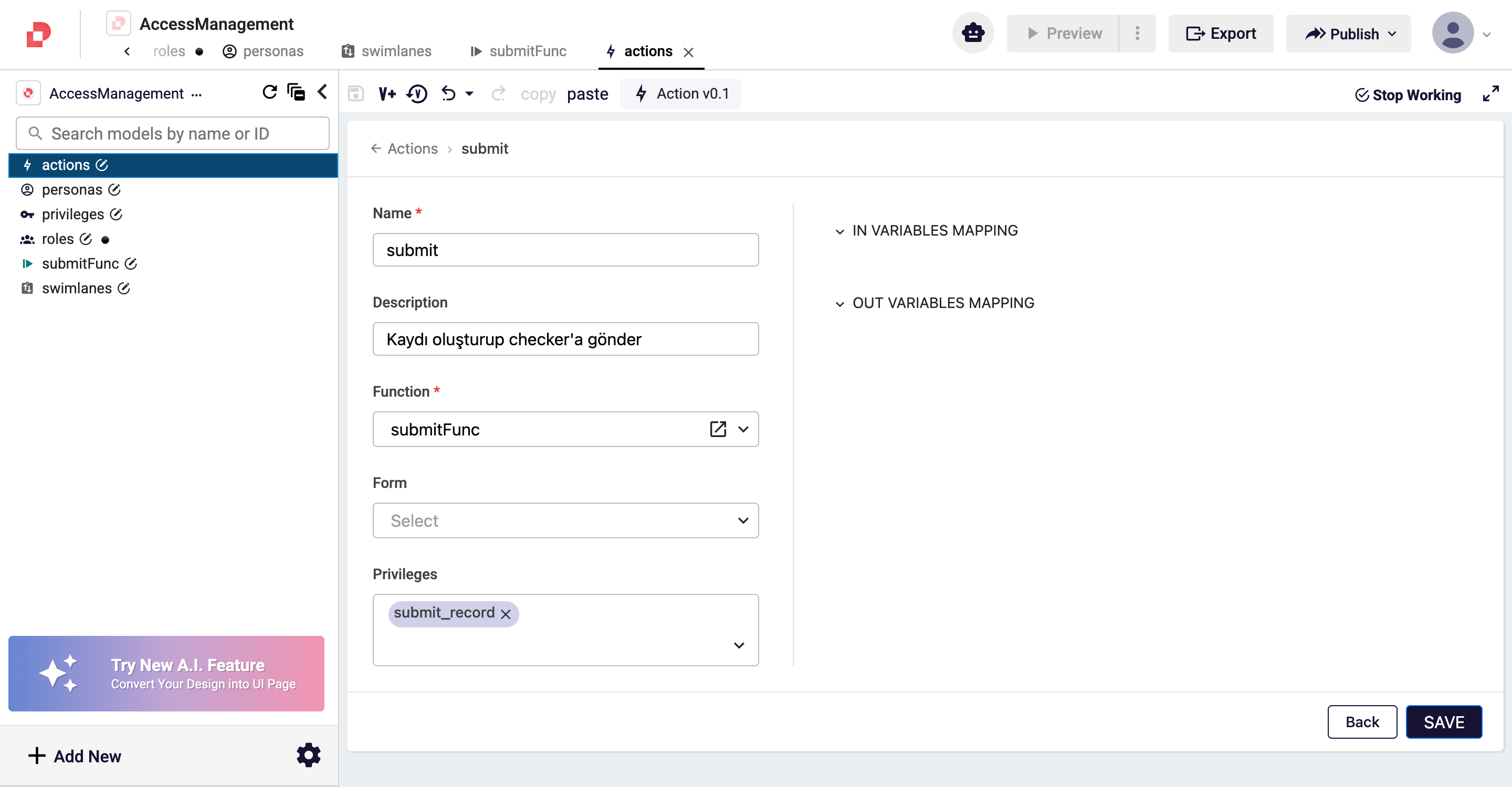 Action Editor — action detail