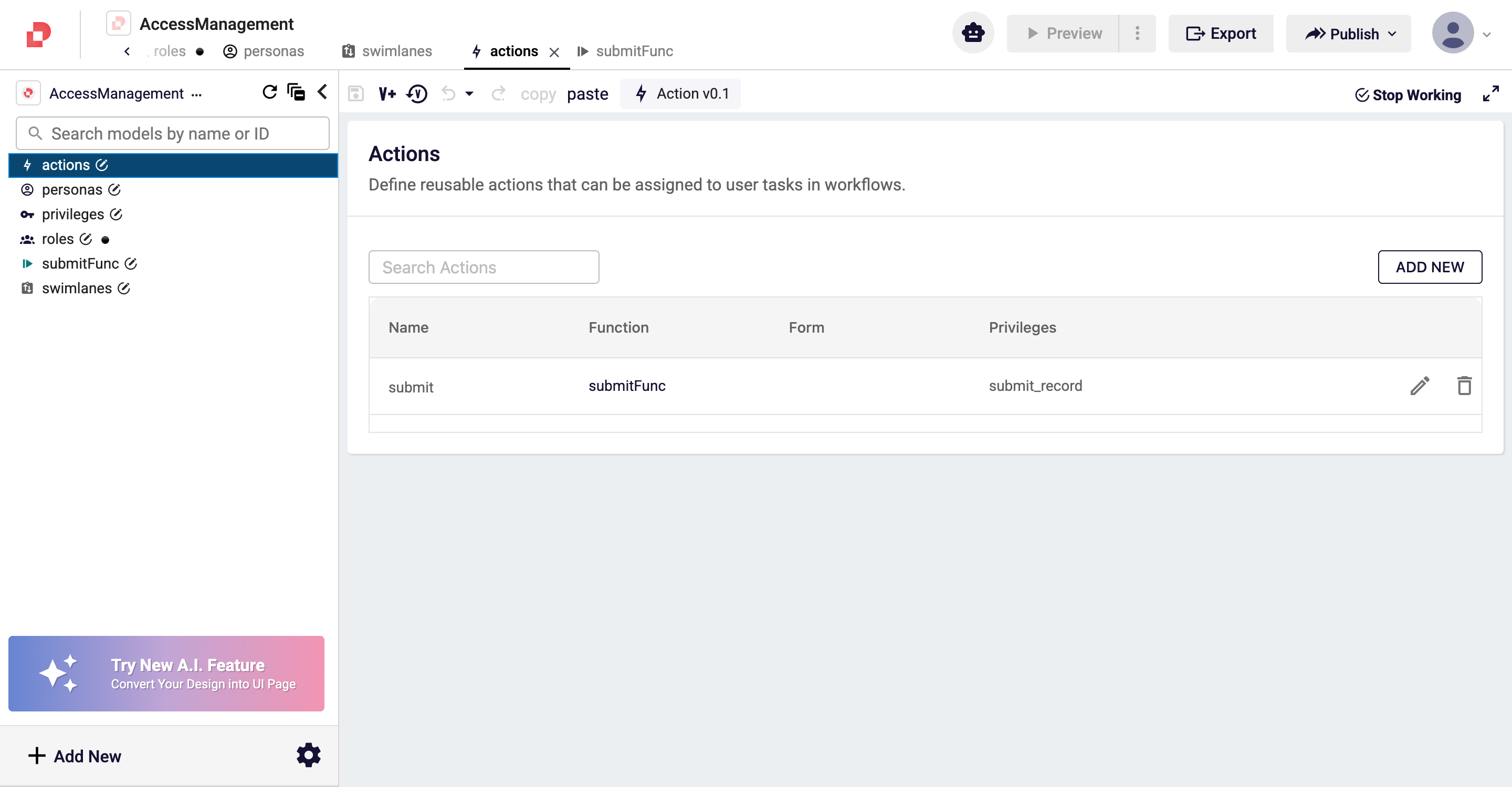 Actions list — submit saved