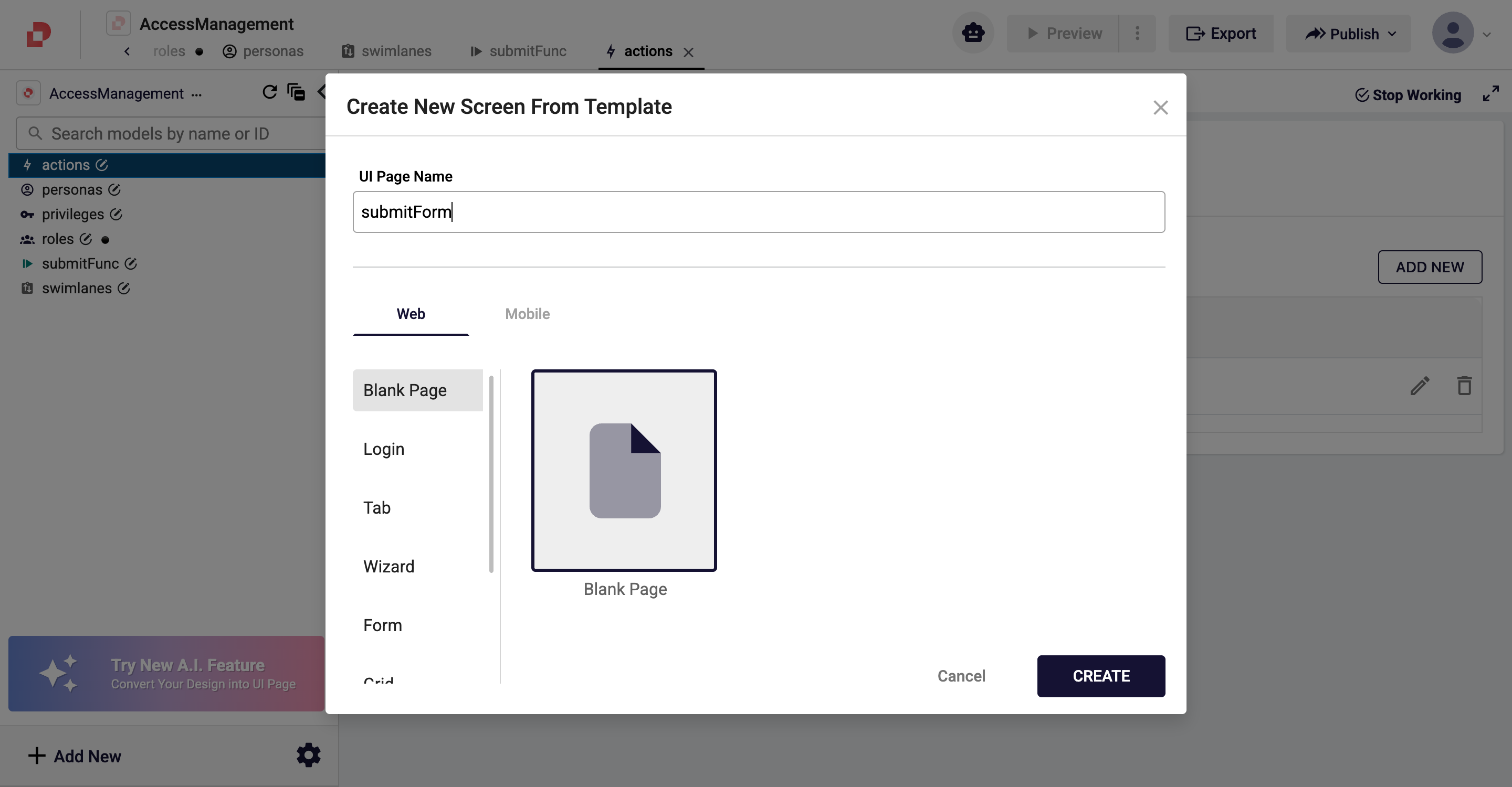 Create New UI Page dialog