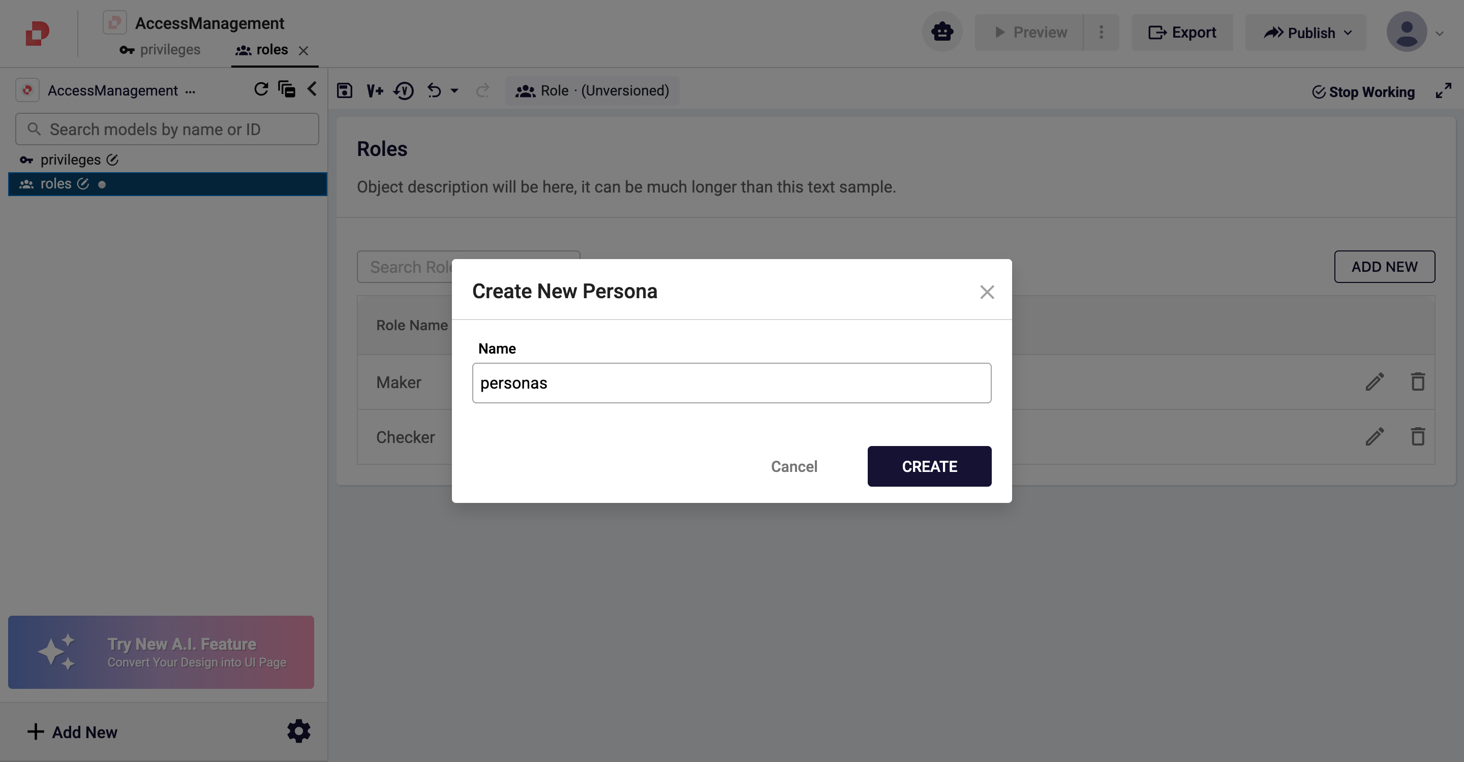 Create New Persona dialog