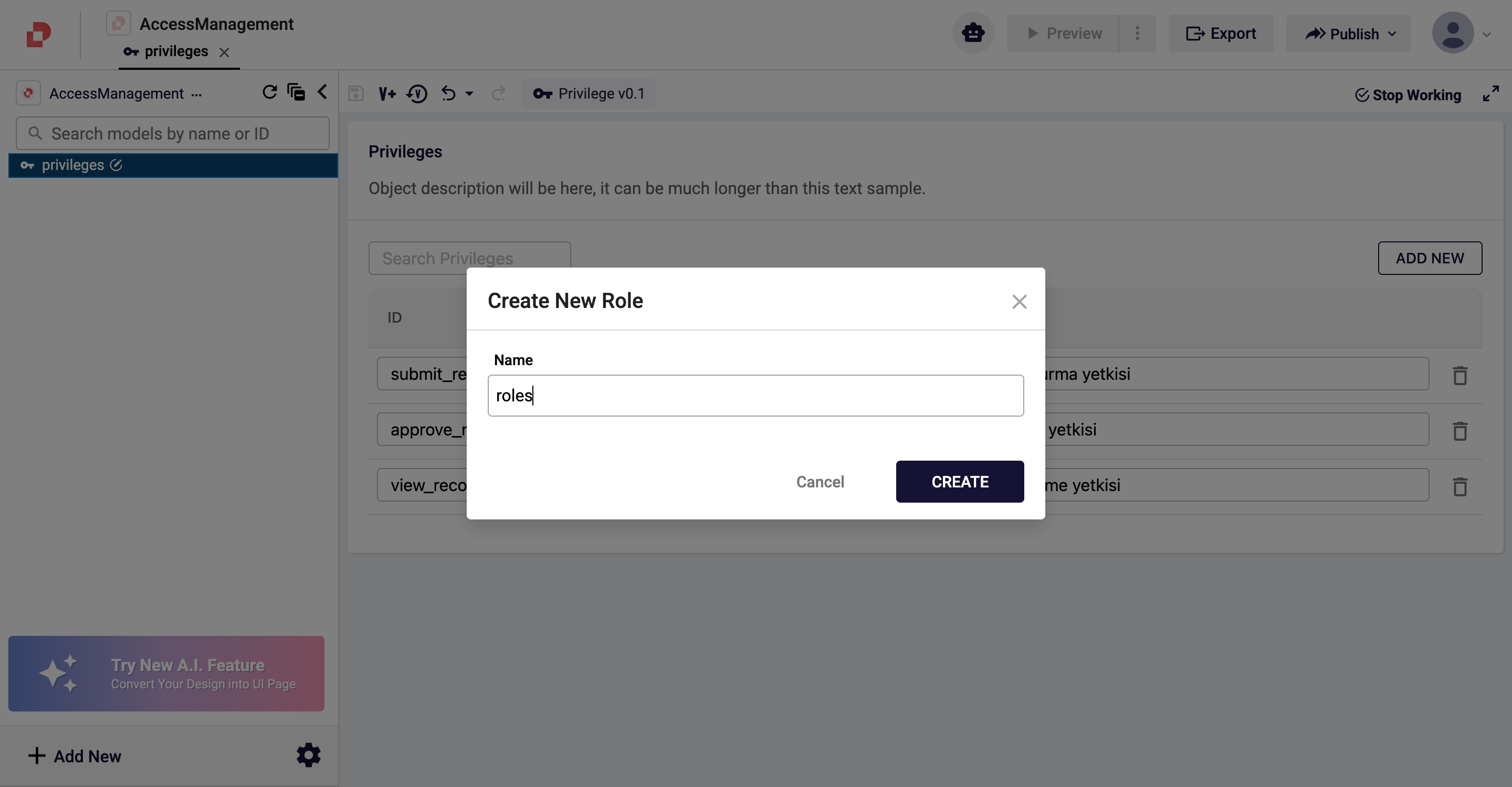 Create New Role dialog