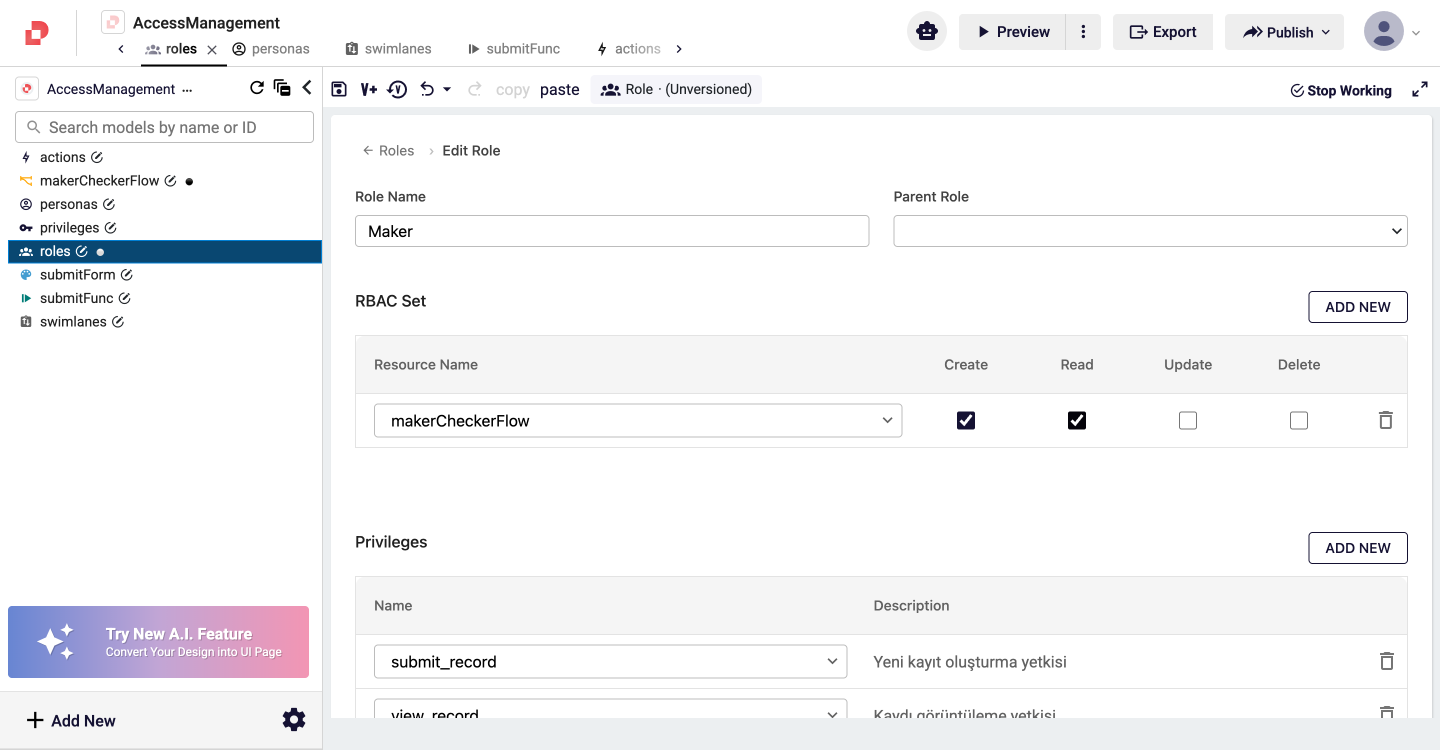 Role Editor — RBAC entry
