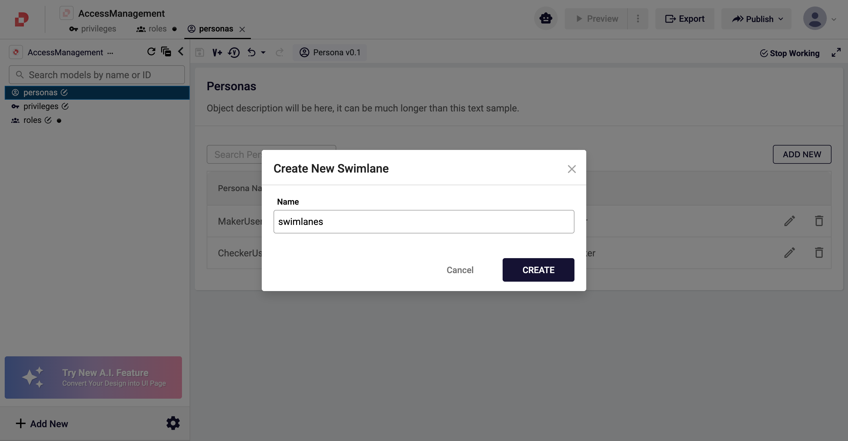 Create New Swimlane dialog