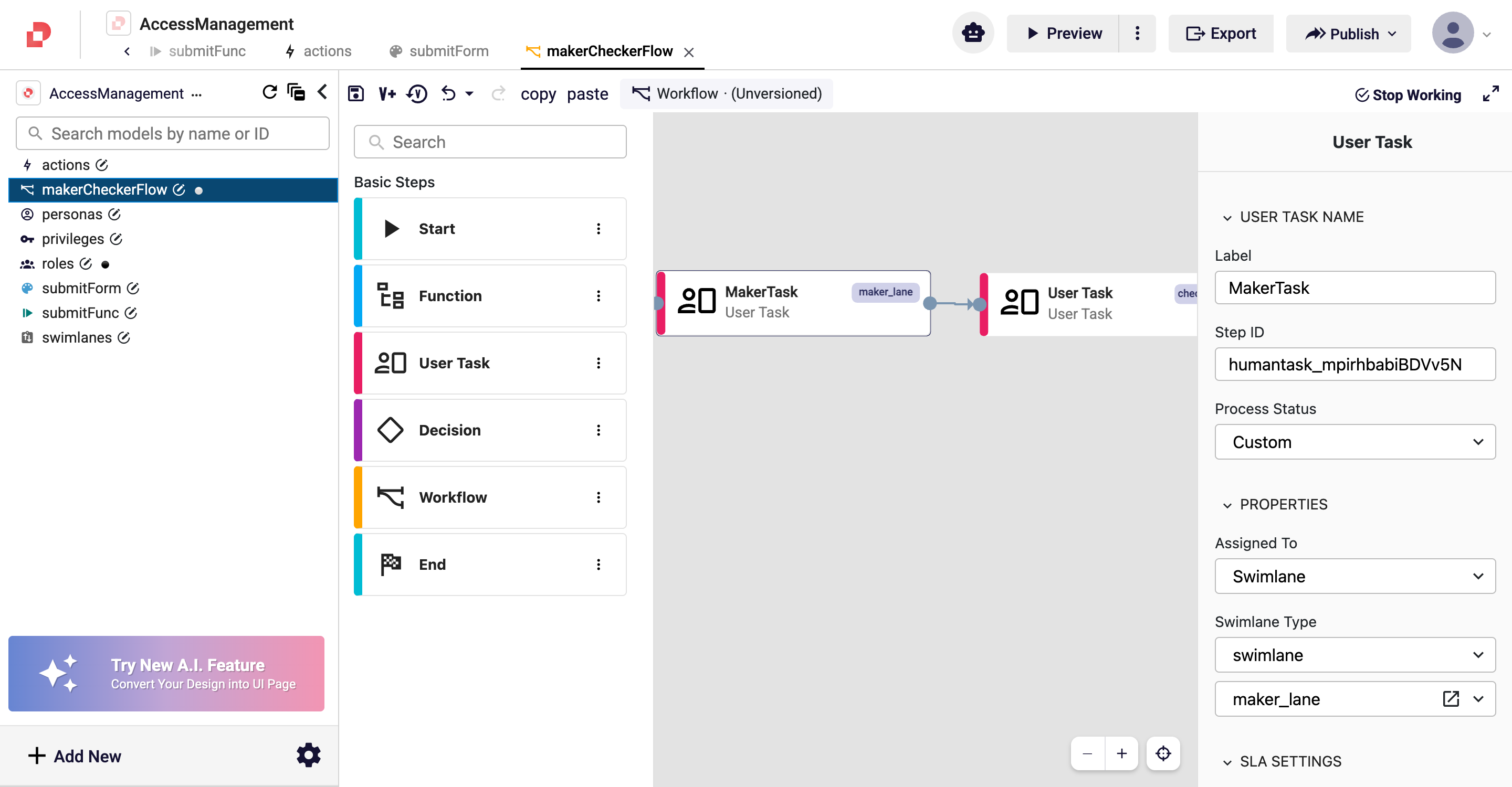 User Task AssignedTo=Swimlane → maker_lane