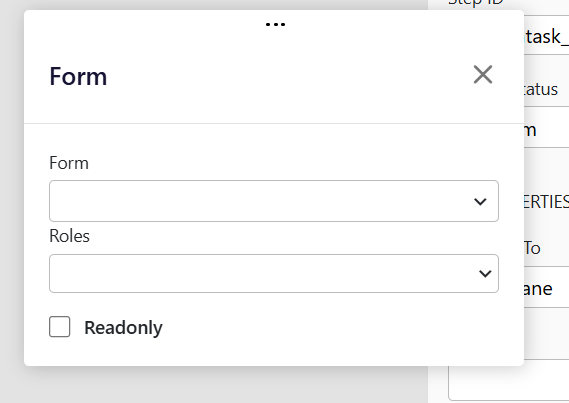 The Form dialog showing Form dropdown, Roles dropdown, and Readonly checkbox